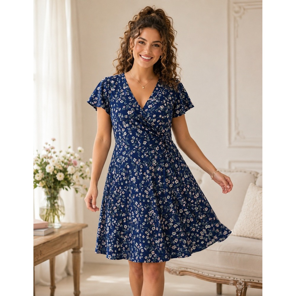 NWT Kayleigh Navy Blue Floral Faux Wrap Dress Cottage Garden Whimsy Delicate XL